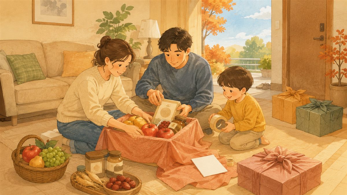 추석 선물 상자를 보자기로 포장하는 가족 일러스트