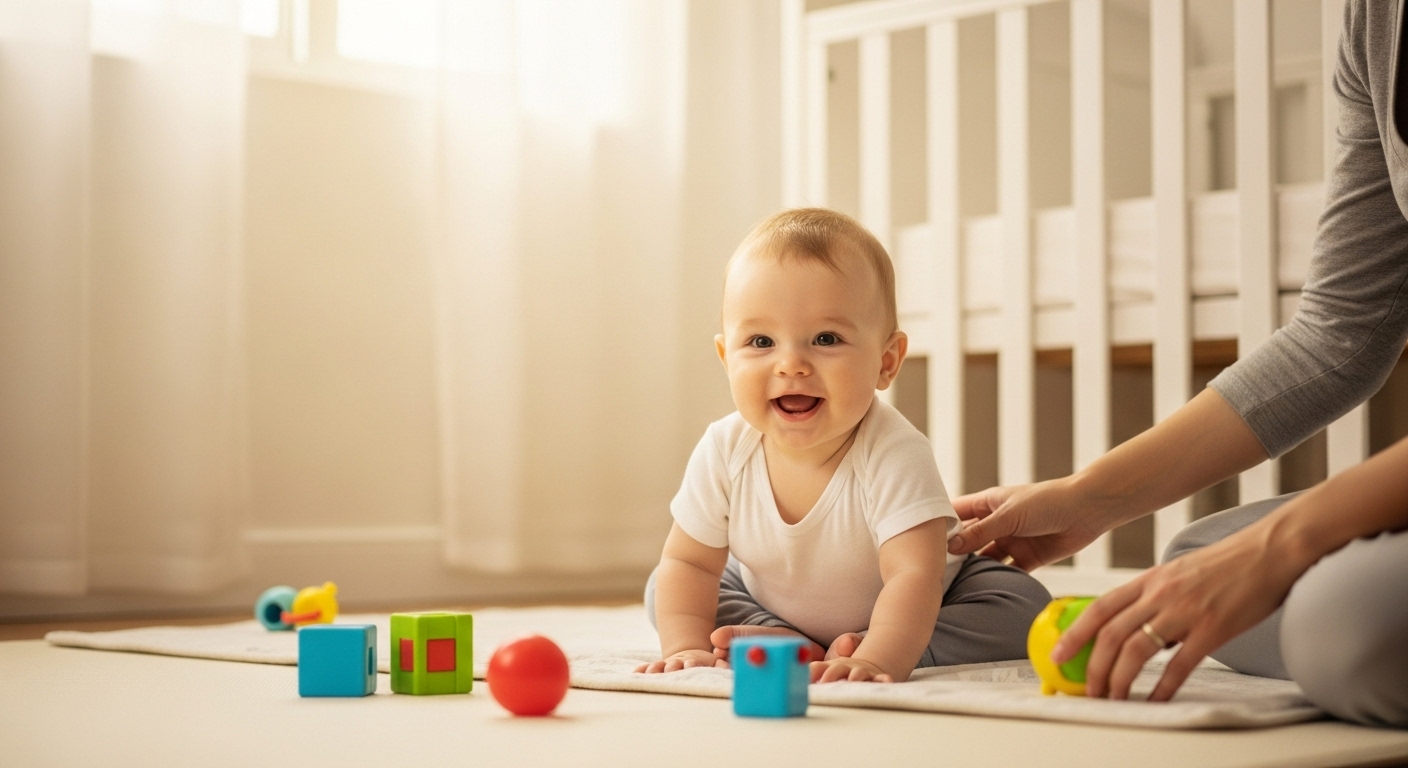 깨끗하고 아늑한 아기 방에서 건강하게 놀고 있는 아기와 아기를 돌보는 부모의 손. 환기와 청결이 강조된 환경에서 아기의 감기 예방과 면역력 강화에 도움이 되는 모습을 담고 있습니다.