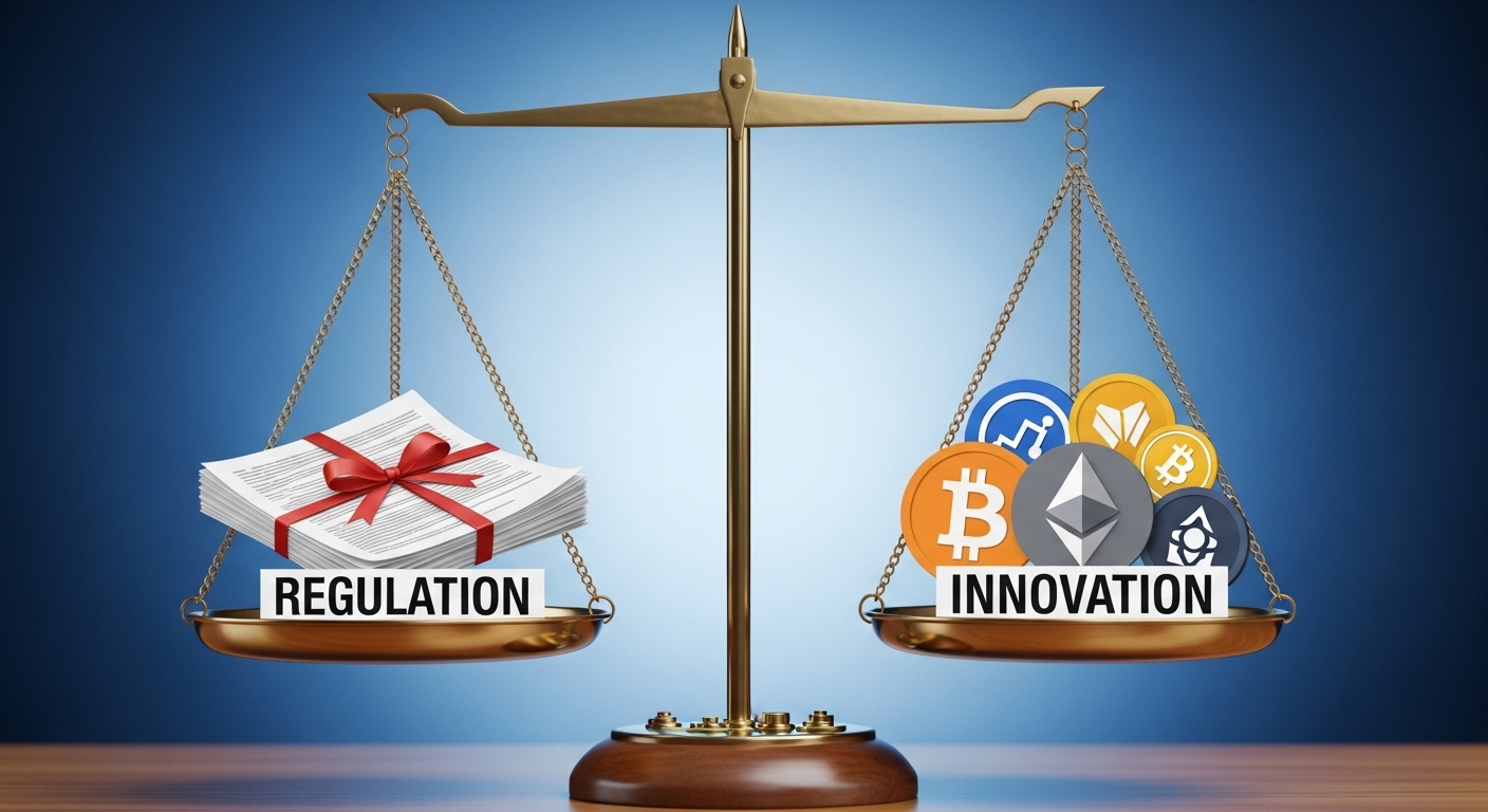 가상자산 규제의 필요성과 혁신 간의 균형을 상징하는 저울 이미지.