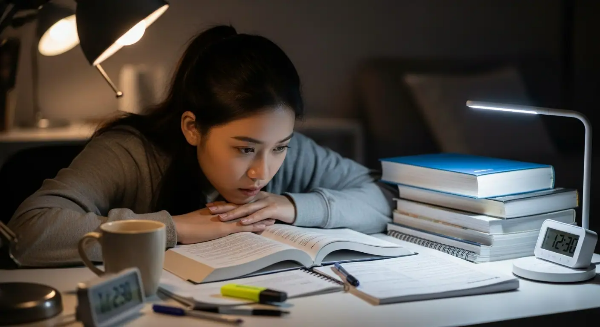 책상에서 책을 펴 놓고, 시험공부에 열중인 여성