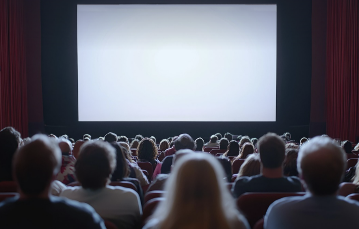 스크린 앞에서 영화를 보고있는 영화 애호가들