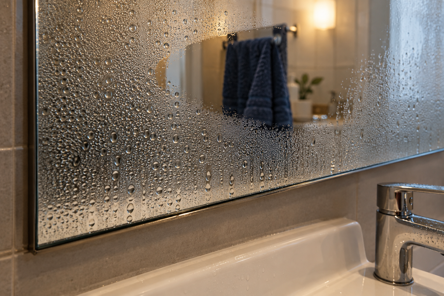 Small water droplets gather on a cool bathroom mirror above a washbasin