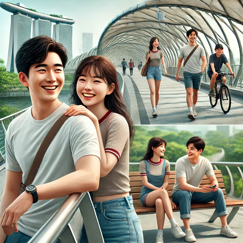 핸더슨 웨이브 다리 위를 걸으며 웃고 있는 커플, 다리 위 벤치에서 앉아 쉬는 모습