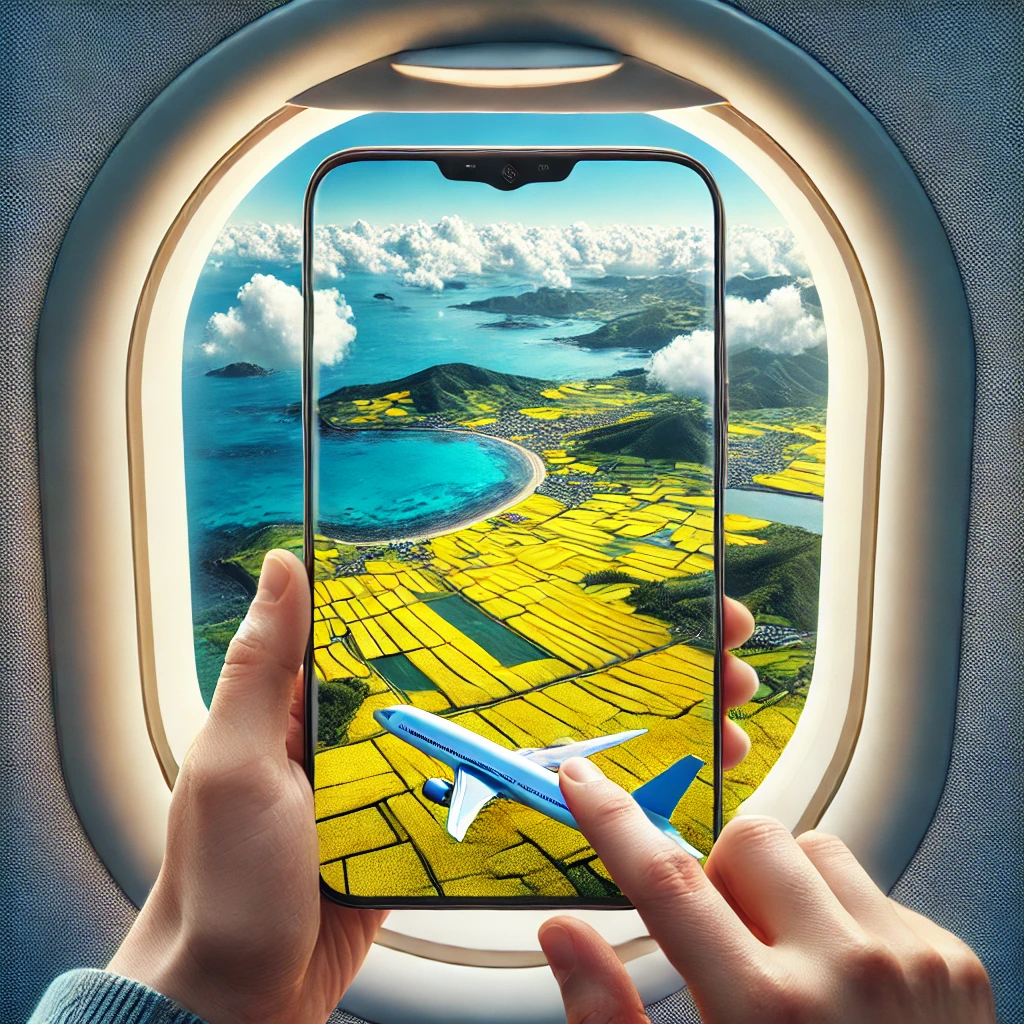 제주행 비행기 창밖으로 보이는 유채꽃밭과 푸른 바다, 여행객의 설레는 모습