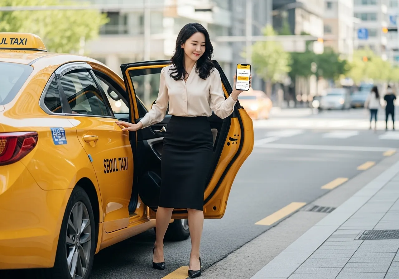 20대 한국 여성이 Kakao T 자동결제 후 목적지에 도착하여 택시에서 자신감 있게 내리고 있다