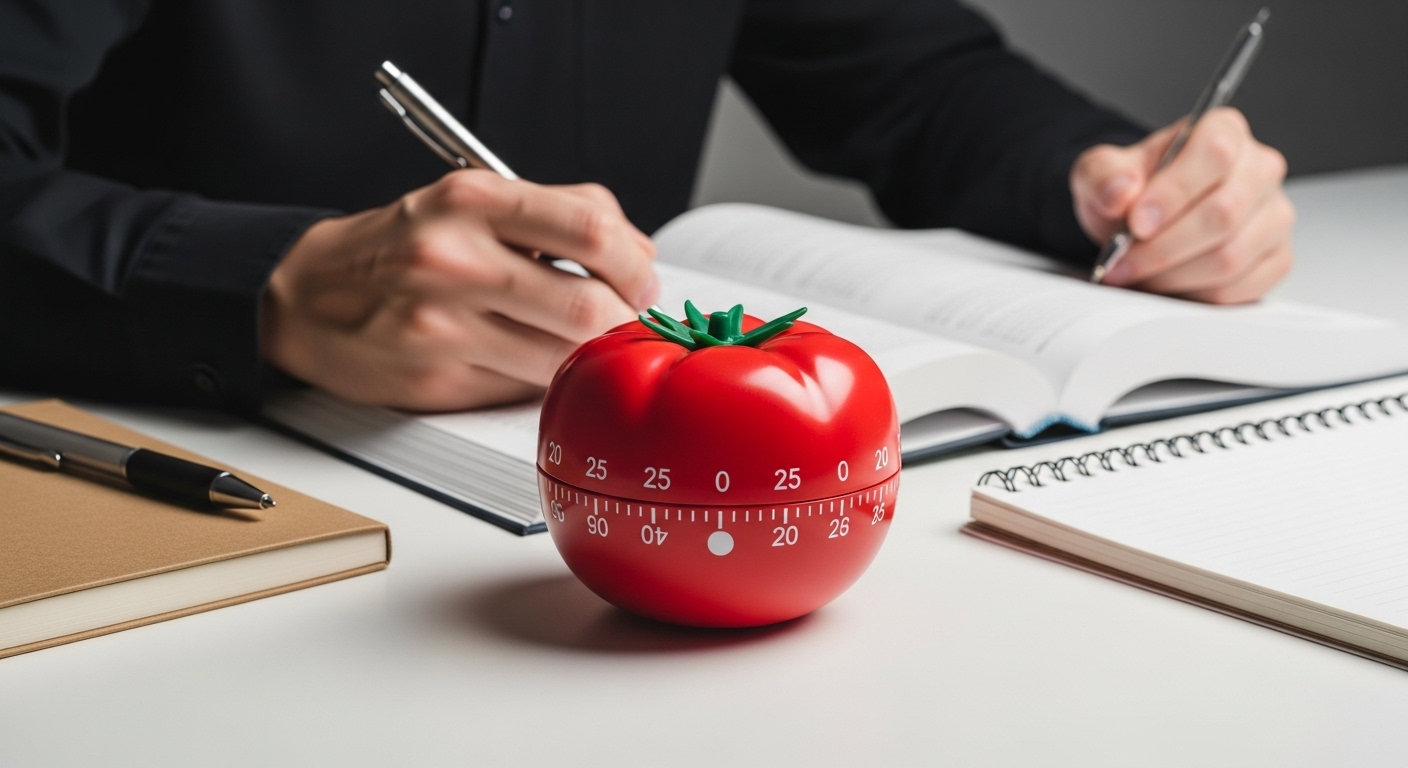 뽀모도로 기법을 상징하는 25분에 맞춰진 토마토 모양 타이머와 공부 도구들
