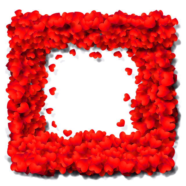 작은 붉은색 하트들이 가득 쌓여서 커다란 네모난 액자를 만들었다.