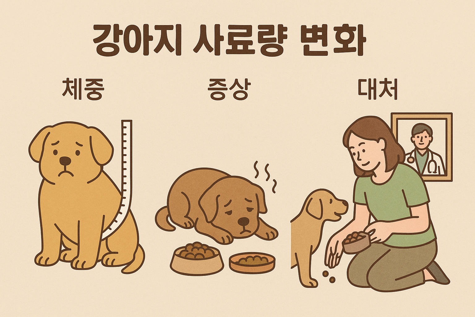 이 이미지는 "강아지 사료량 변화"를 주제로 체중, 증상, 대처의 세 가지 항목을 시각적으로 표현한 인포그래픽입니다. 왼쪽에는 체중 변화로 고민하는 강아지, 가운데는 식욕 저하와 함께 기운 없어 보이는 강아지, 오른쪽에는 보호자가 사료를 조절하며 수의사의 조언을 참고하는 장면이 그려져 있어, 사료 섭취 문제에 대한 인식과 적절한 대응 방법을 쉽게 이해할 수 있도록 구성되어 있습니다.