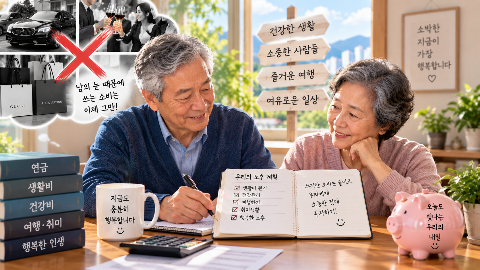 모임과 소비를 줄이고 노후 생활비를 계획적으로 관리하는 시니어 부부