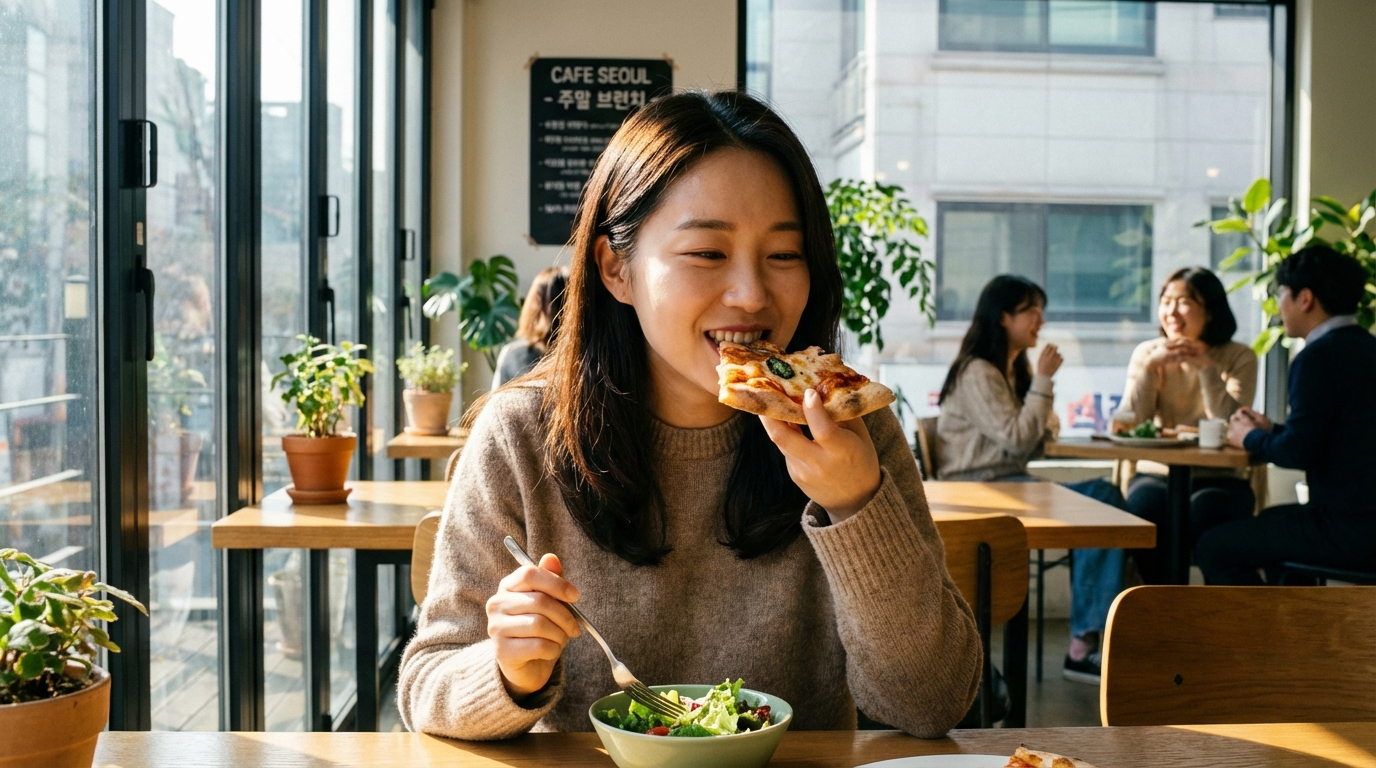 주말 치팅데이를 맞아 서울의 카페에서 죄책감 없이 피자 한 조각과 샐러드를 즐기는 한국 여성의 모습