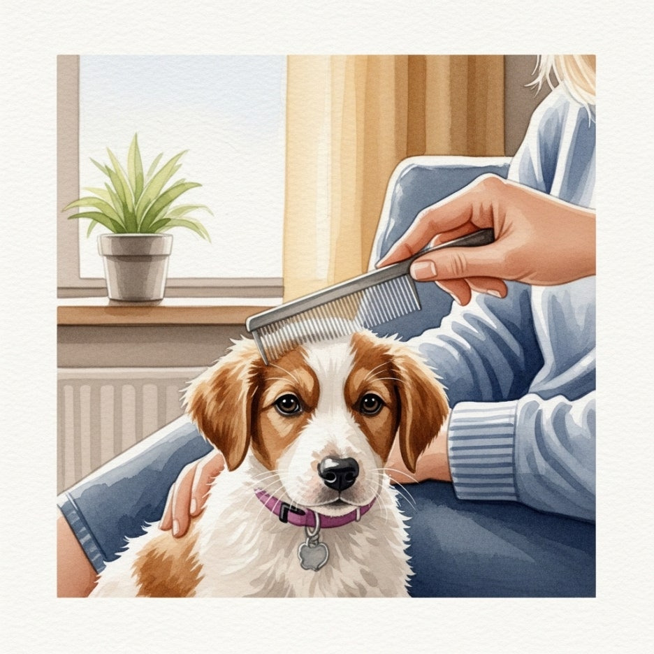 산책 후 빗질을 하며 강아지를 관리하는 장면