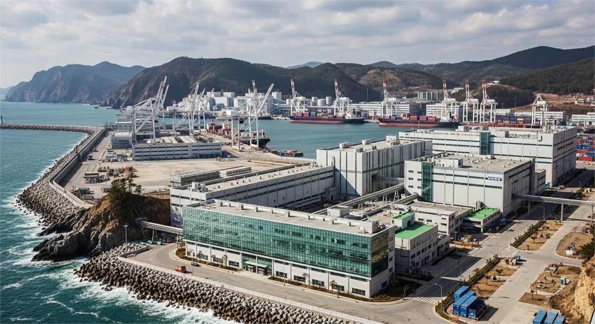 항구 인근의 현대적인 한국 산업 공장 외관을 넓게 담은 장면