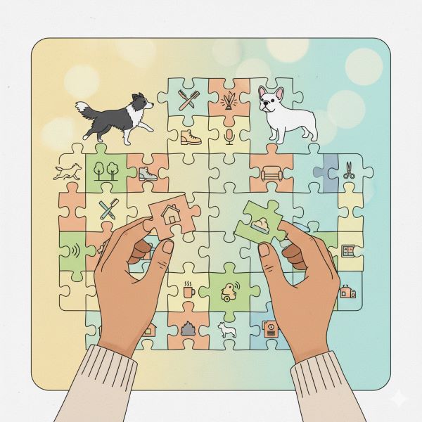 각기 다른 견종의 주요 특징을 나타내는 아이콘(예: 달리는 강아지, 빗, 뼈다귀, 작은 집, 큰 집 등)들이 퍼즐 조각처럼 흩어져 있습니다.보호자의 손이 이 아이콘퍼즐들을 조합하여 자신에게 맞는 견종의 실루엣을 찾아가는 과정을 은유적으로 보여줍니다