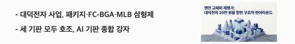대덕전자 주가 전망: '대덕전자 사업, 패키지·FC-BGA·MLB 삼형제'라는 문구가 포함된 웹배너 이미지. 이 이미지는 대덕전자의 세 기판 사업부 동반 호조 구조를 시각적으로 전달하며, 블로그의 대덕전자 사업 구조 주제와 관련된 내용을 설명함