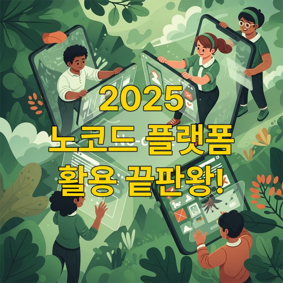 코딩 없이 앱을 만드는 다양한 사람들이 직관적인 노코드 플랫폼을 활용하여 아이디어를 현실로 구현하는 미래 지향적인 모습