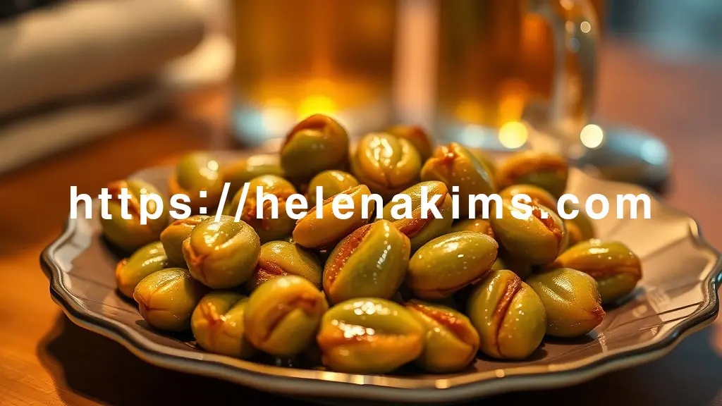 따뜻한 불빛 아래, 노릇하게 볶아져 윤기가 흐르는 버터 녹색의 은행 볶음이 작은 예쁜 접시에 소복하게 담겨 있는 고급스런 사진.