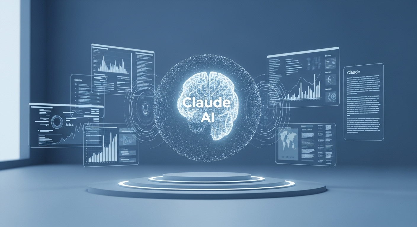 블루-그레이 톤의 미래지향적인 작업 공간에서 클로드 AI가 다양한 디지털 화면을 통해 정보와 상호작용하며 높은 생산성을 보여주는 모습.