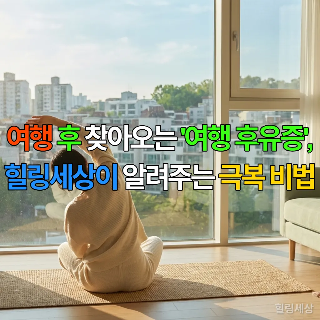 여행 후 피로를 풀기 위해 한국 아파트에서 요가 매트 위에서 스트레칭하는 사람