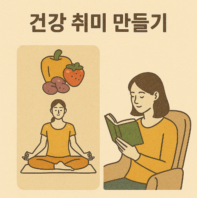과일,채소 옆에 요가하는 모습과 의자에 앉아 독서하는 모습 관련 이미지