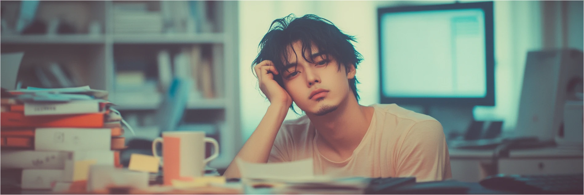 A photorealistic image of a tired businessman in his late 30s, sitting in a dimly lit office, holding a coffee mug in one hand while rubbing his tired eyes with the other. His desk is cluttered with reports, sticky notes, and a keyboard, while the bright computer monitor casts a soft blue hue onto his exhausted face. The atmosphere conveys late-night work stress and fatigue. Ultra-detailed, cinematic lighting, realistic facial expression, 8K resolution.