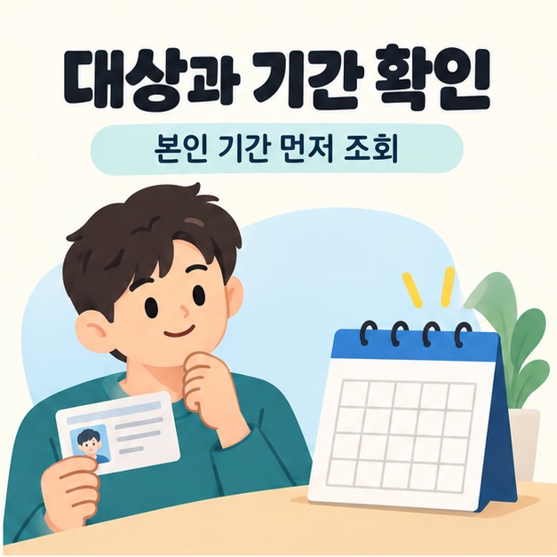 달력과 면허증을 살펴 적성검사 대상 및 기간을 확인하는 일러스트