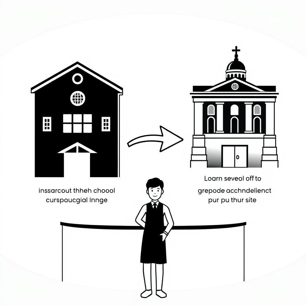 출신 고등학교와 현재 주소지 관할 교육청 두 곳을 상징하는 아이콘이나 건물을 배치하고, 두 장소 모두에서 접수가 가능함을 화살표 등으로 연결하여 보여줍니다. 안내 데스크 모습도 함께 담을 수 있습니다.