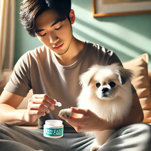 햇살 드는 거실에서 반려견의 발을 들어올려 갈라진 패드를 확인하며 크림을 들고 있는 동양인 젊은 남성의 초고해상도 사진