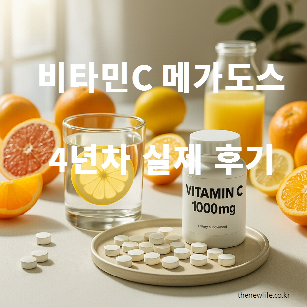 Vitamin C 1000mg bottle, white tablets, lemon water, and citrus fruits on a bright table &ndash; symbolizing long-term megadose use/비타민C 1000mg 보틀, 흰색 정제, 레몬 물, 다양한 감귤류 과일이 놓인 밝은 테이블 &ndash; 장기 메가도스 복용을 상징
