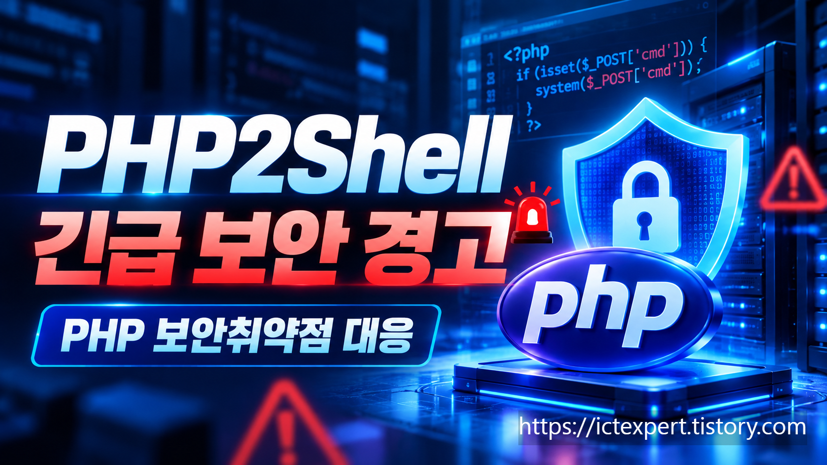 PHP2Shell 긴급 보안 경고를 알리는 썸네일. PHP 로고와 서버, 보안 방패, 자물쇠 및 경고 표시를 통해 PHP 보안 취약점 대응의 중요성을 표현한 이미지