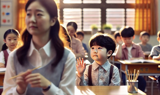 한국 초등학교 교실에서 선생님이 아이를 무시하는 장면