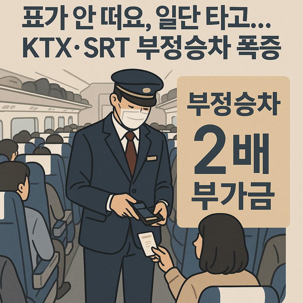 KTX·SRT 열차 안에서 승무원이 승객의 표를 검사하고, 부정승차 2배 부가금이 강조된 뉴스형 인포그래픽 썸네일