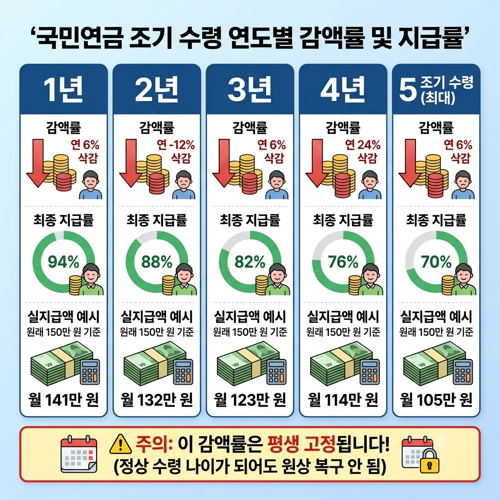 국민연금 조기노령연금 1년당 6퍼센트 연도별 감액률 및 실지급액 비교표