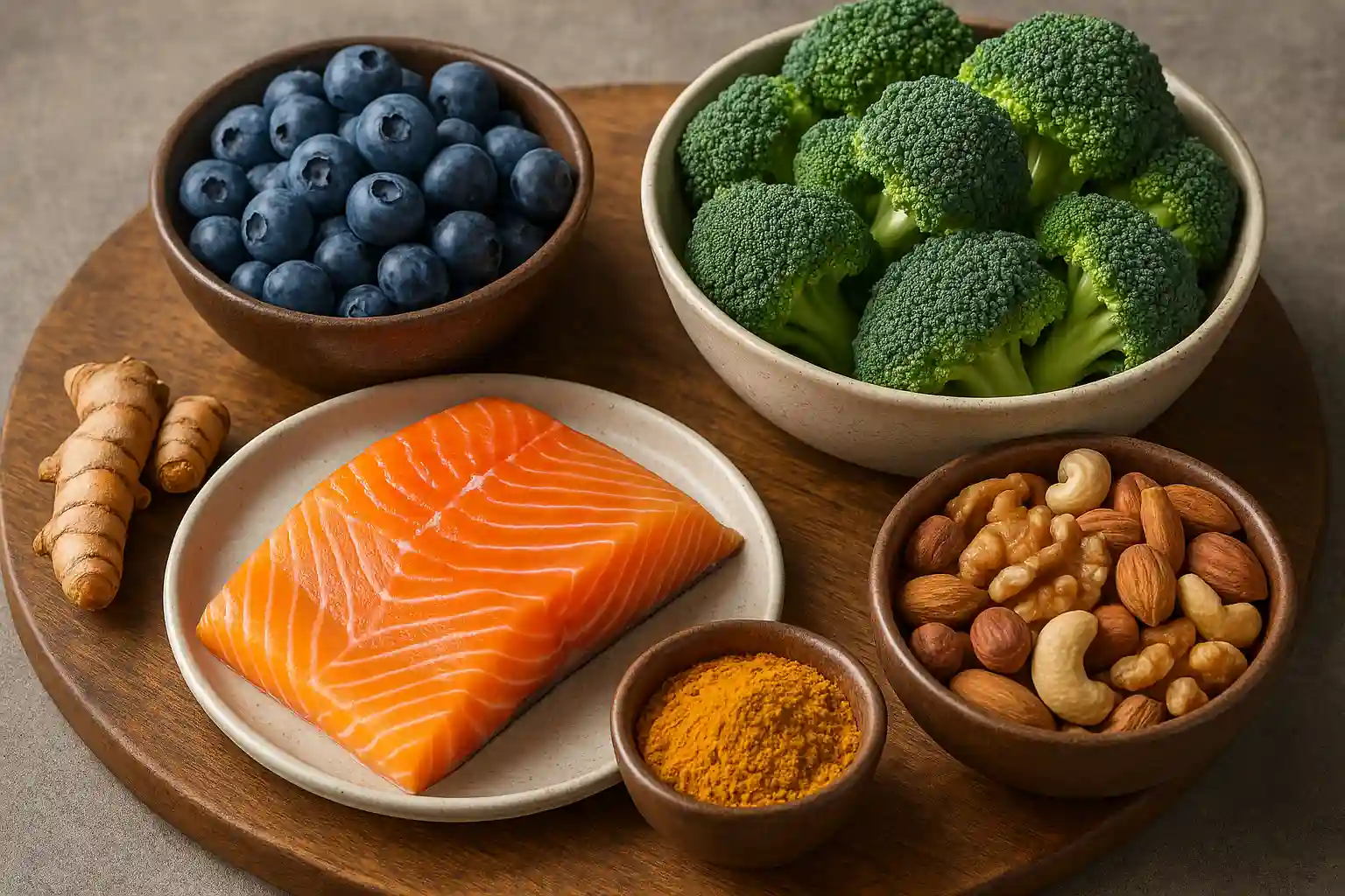 연어, 블루베리, 브로콜리, 견과류, 강황 뿌리 등 항염 음식
