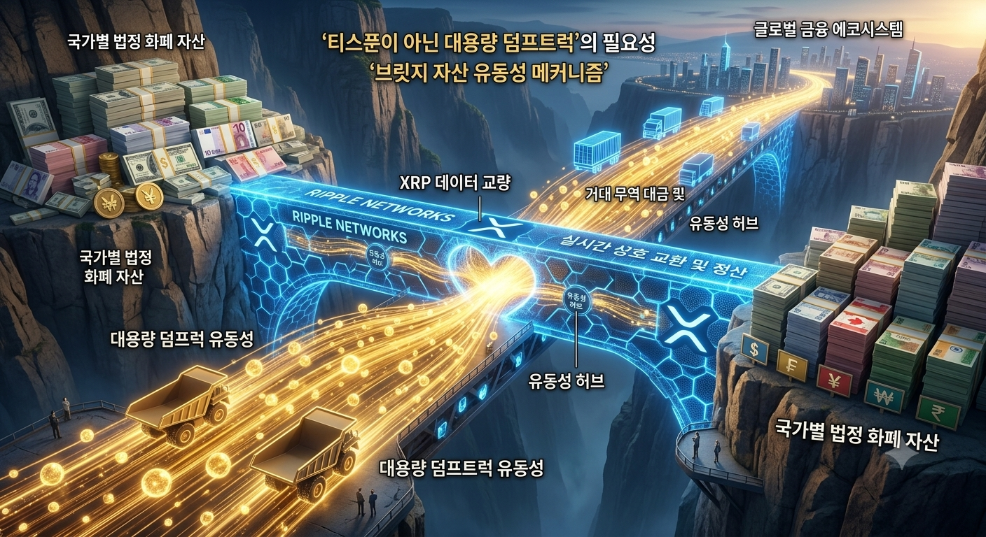 국가별 법정 화폐 자산'이 양쪽 절벽에 쌓여 있고 이를 푸른빛의 '리플 네트워크(RIPPLE NETWORKS)' 교량과 황금빛 유동성 흐름이 연결하는 금융공학적 브릿지 자산 개념도