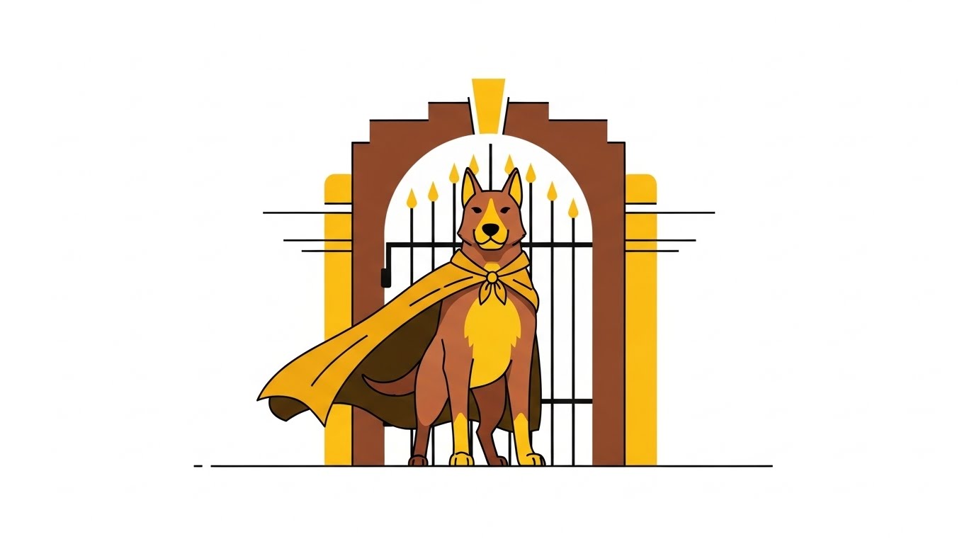 망토를 두르고 문 앞을 든든하게 지키며 신뢰감을 주는 개 캐릭터 일러스트