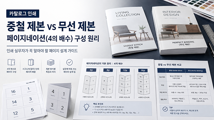 카탈로그 인쇄 시 중철 제본과 무선 제본의 페이지네이션(4의 배수) 구성 원리