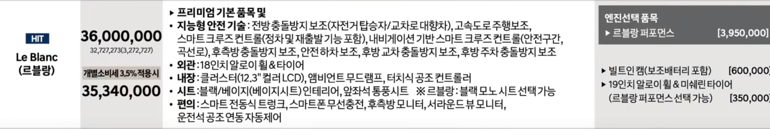 이 사진은 그랜저 르블랑의 트림을 정리한 사진입니다