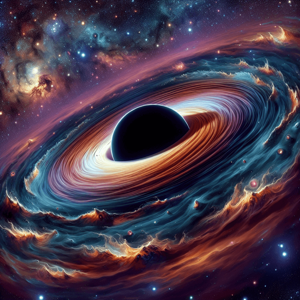 블랙홀의 강력한 중력에 의해 왜곡된 별들과 가스 구름