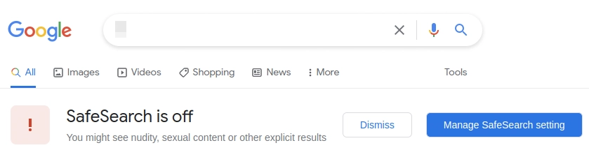 세이프서치를 끈 모습을 스크린샷 하였습니다.