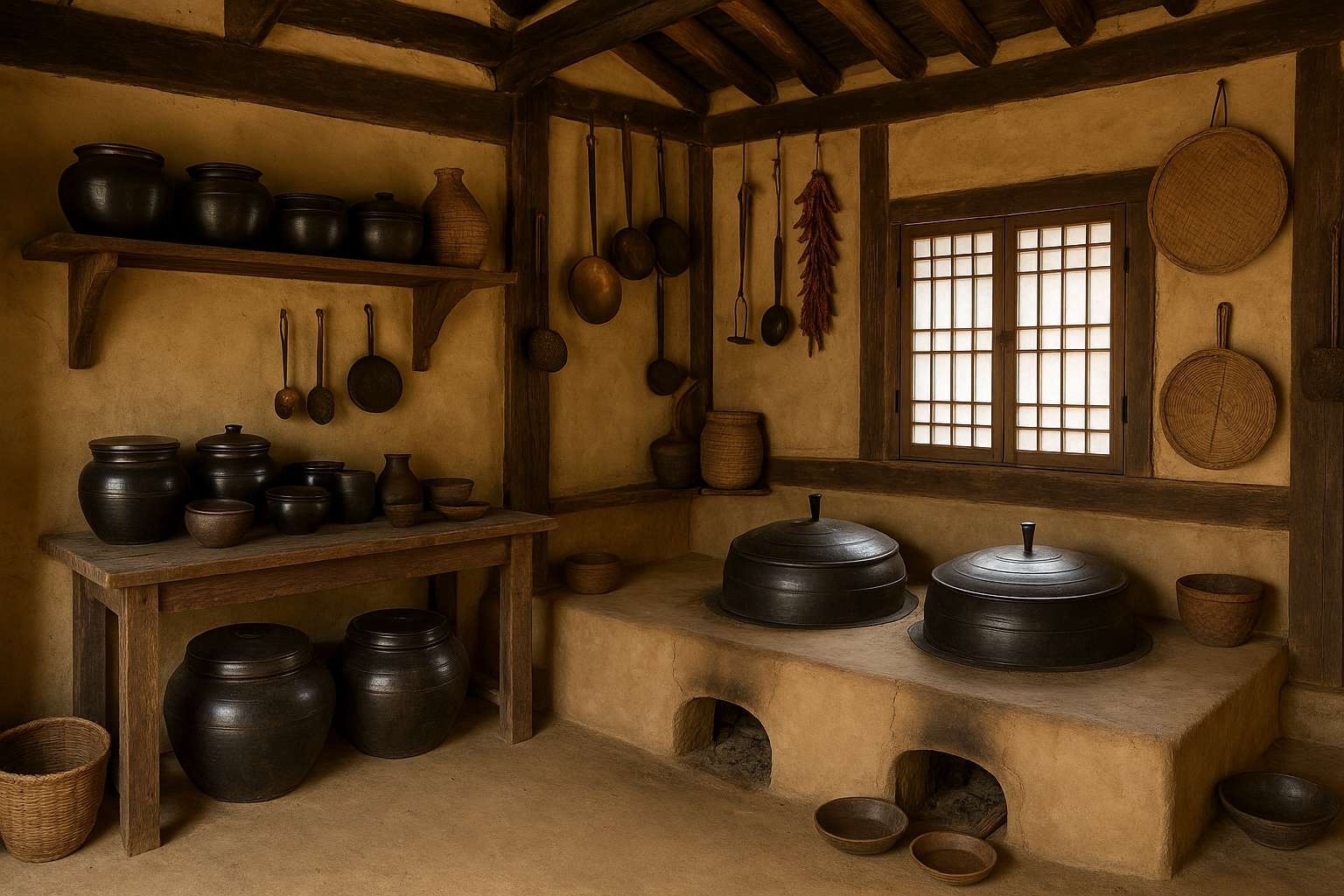 전통 한옥의 부엌에 옹기와 나무 살림도구가 정갈하게 놓여 있는 모습