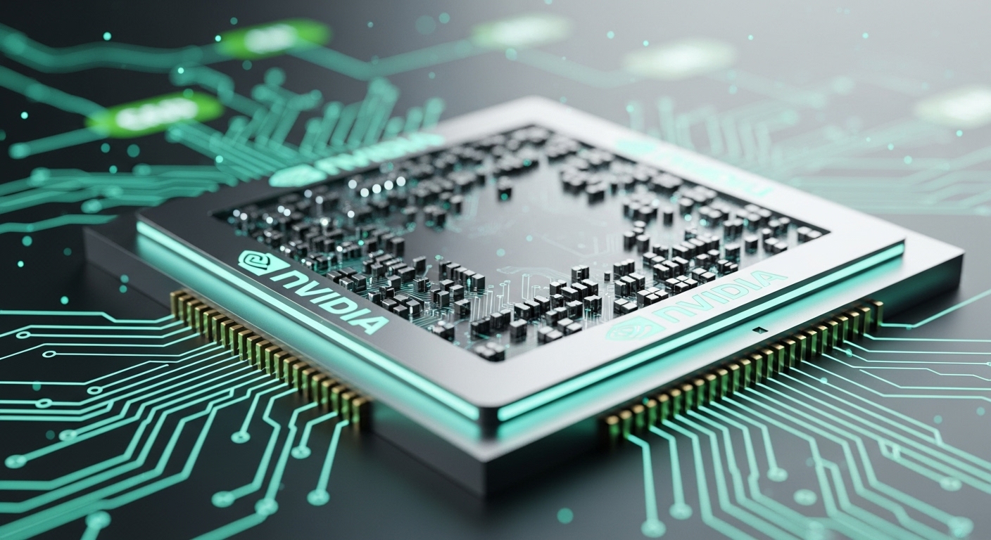 엔비디아 GPU 칩의 정교한 회로 패턴 클로즈업. AI 데이터 처리를 상징하는 푸른빛이 감돕니다.