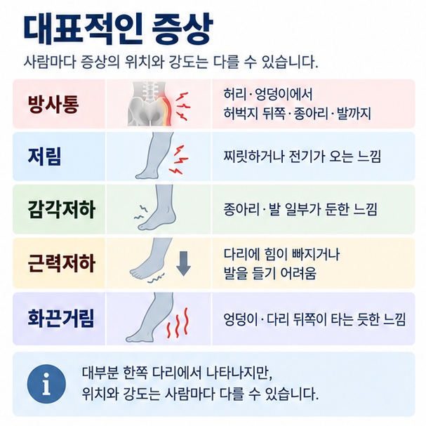 좌골신경통의 방사통 저림 감각저하 근력저하 화끈거림을 다리 부위와 함께 정리한 이미지