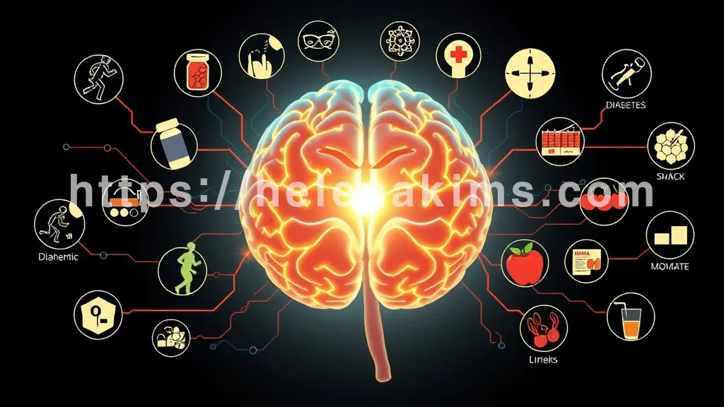 중앙에 밝고 건강하게 빛나는 뇌혈관 패턴이 시선을 사로잡습니다. 그 주변으로 약병, 혈압계, 당뇨 관리 기구 아이콘이 정교하게 배치되어 있습니다.