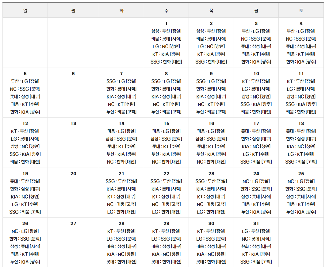 2024 KBO 한국 프로 야구 5월 경기 일정 무료 중계 방송 보기