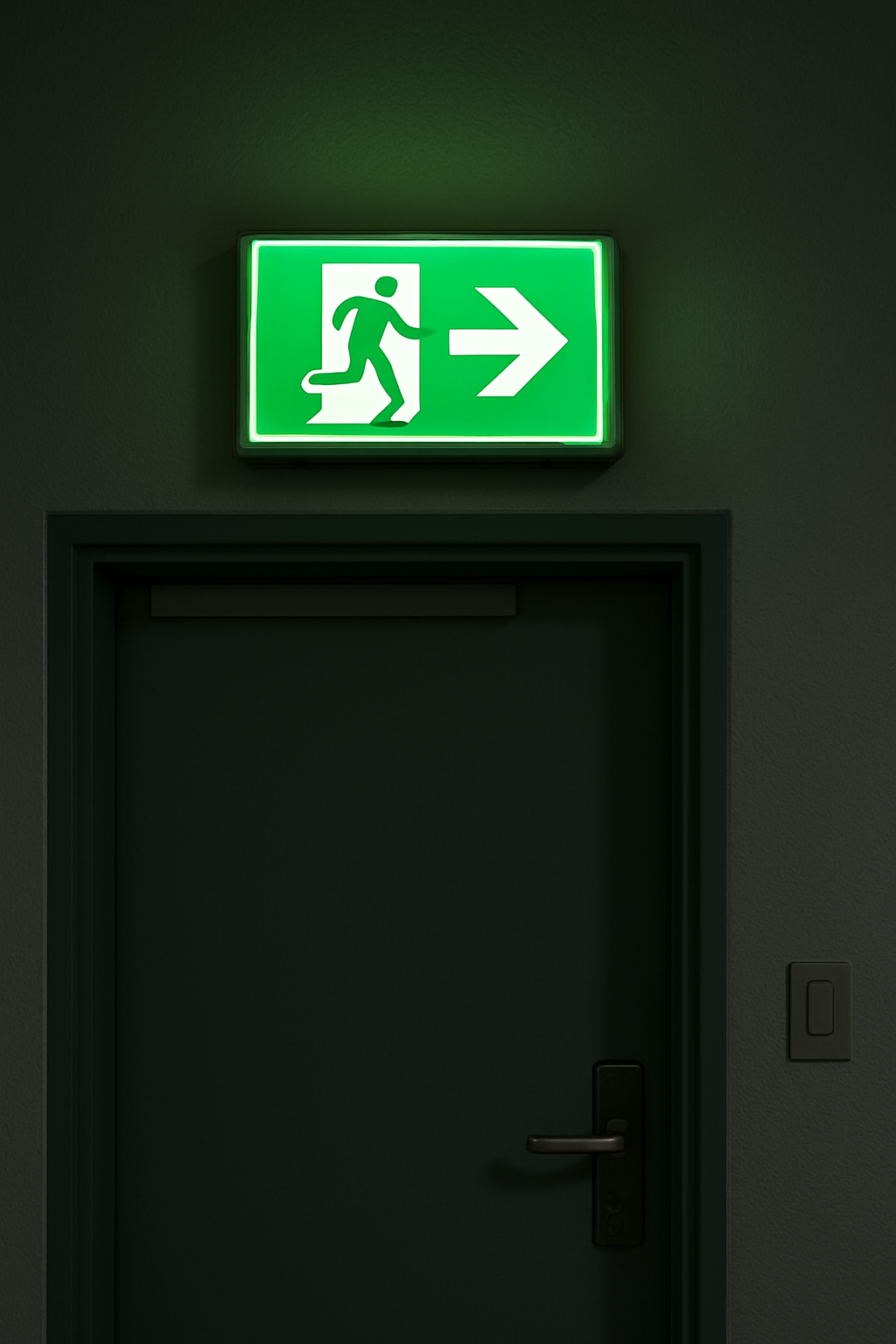 어두운 복도에서 녹색 비상구 표지가 켜진 비상문 디테일