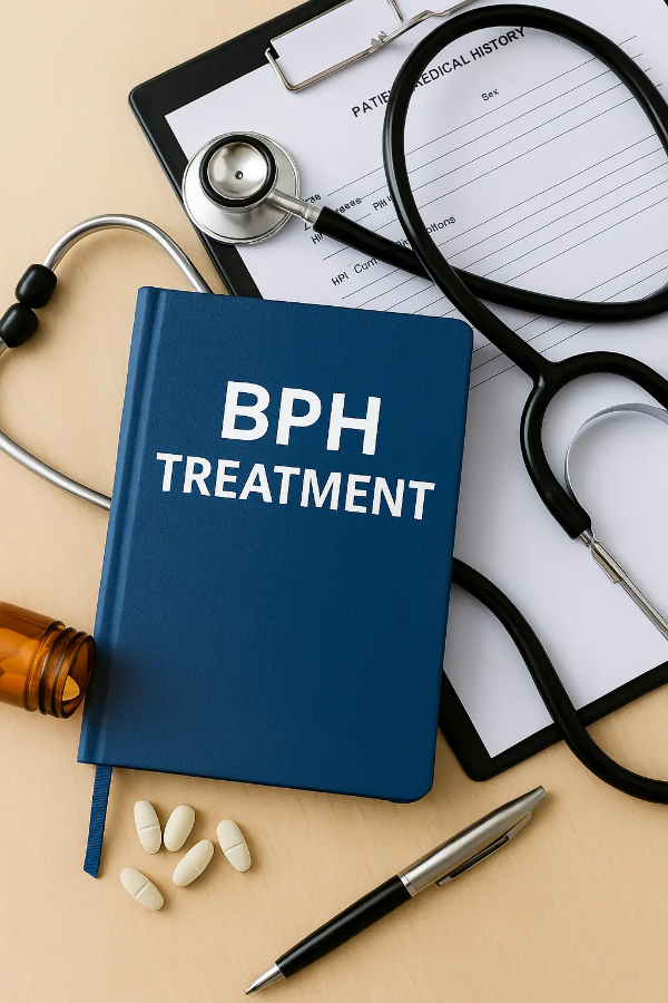 ‘BPH TREATMENT’ 노트, 청진기, 약병, 차트 등이 정돈된 의료 책상 위 구성, 전립선 치료를 상징하는 의료 이미지, 텍스트 없음