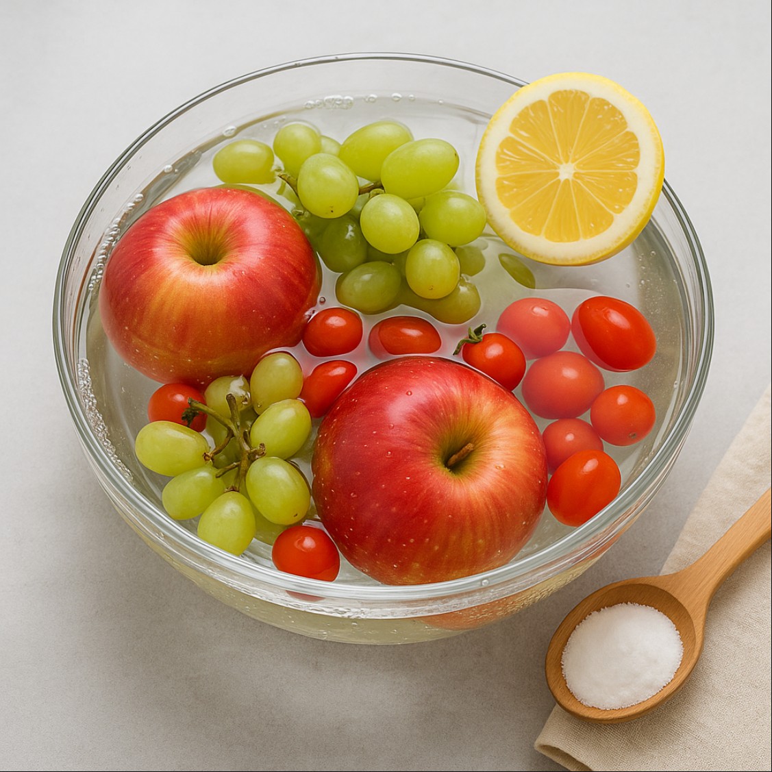 과일 세척을 위해 물에 담긴 사과와 포도, 토마토, 레몬 이미지