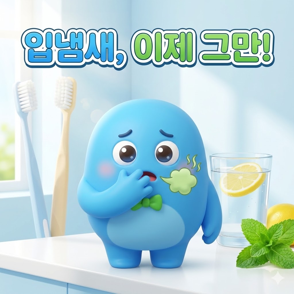 입냄새로 고민하는 듯한 귀여운 캐릭터가 손으로 입을 가리고 있고, 주변에 칫솔, 물, 민트잎이 있는 그림.