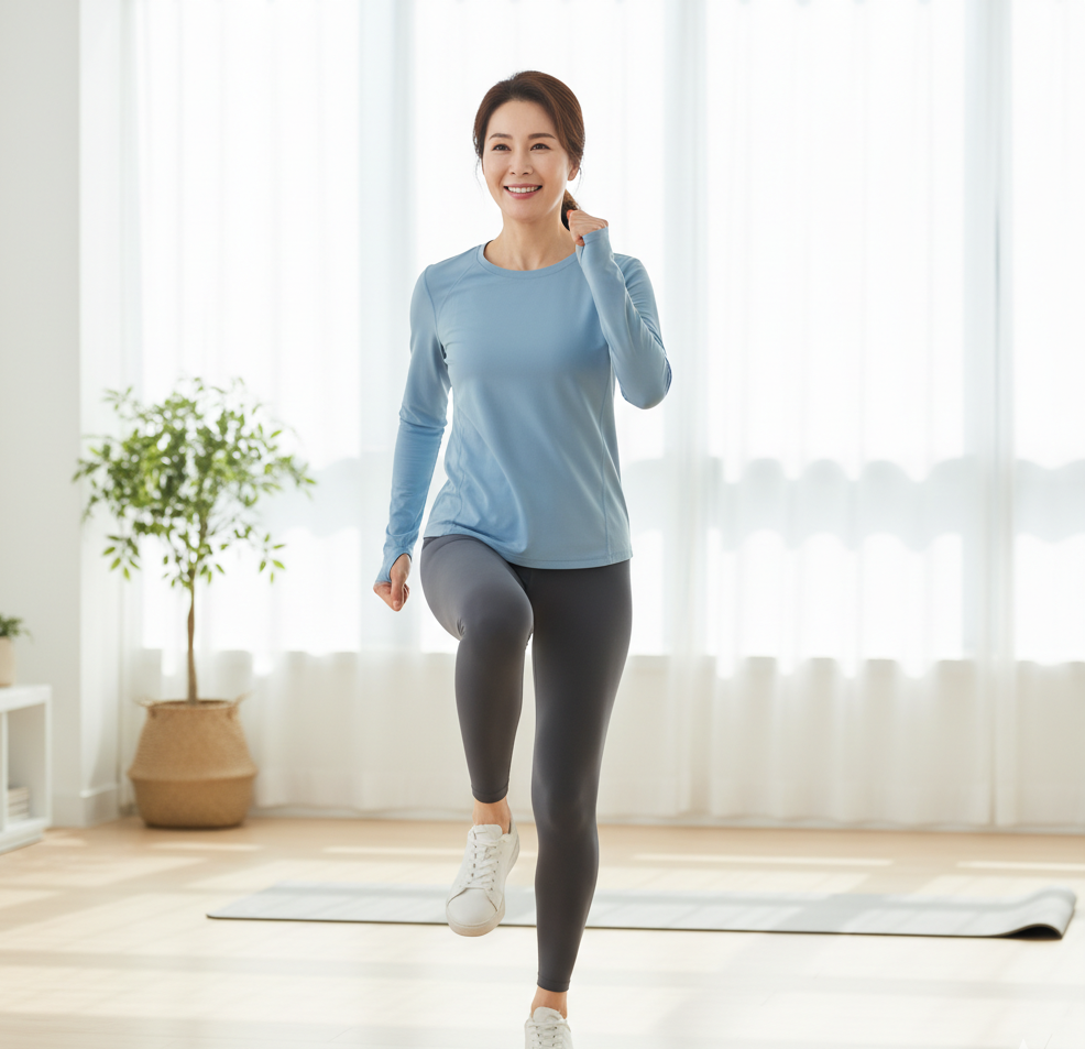 집 안에서 제자리걸음으로 순환운동을 하는 중년 여성