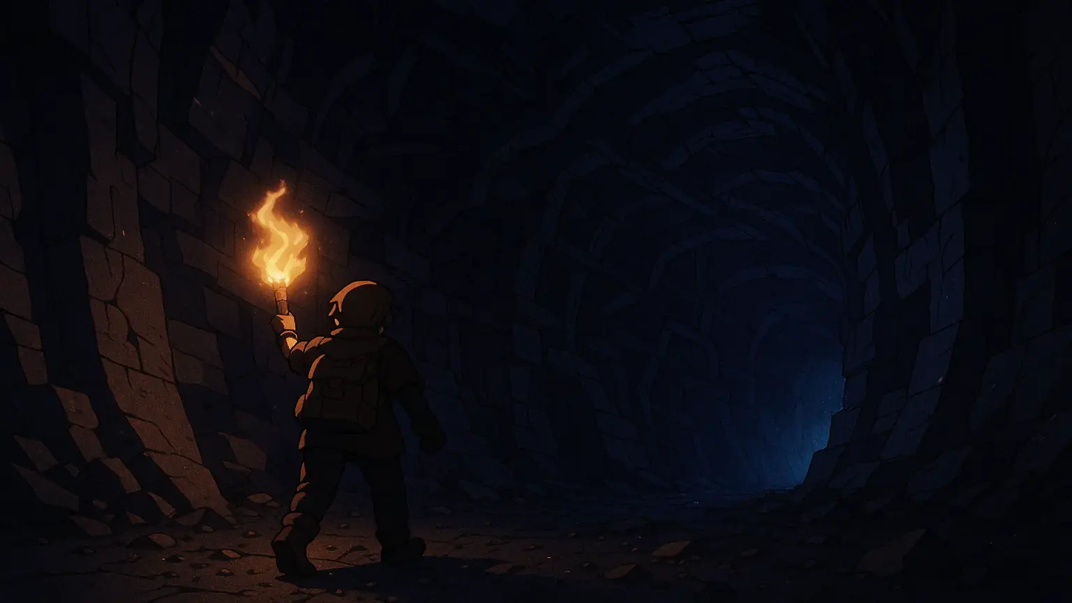 혼란스러운 미로 속에서 한 사람이 횃불을 들고 출구를 향해 나아가는 길을 밝히는 이미지